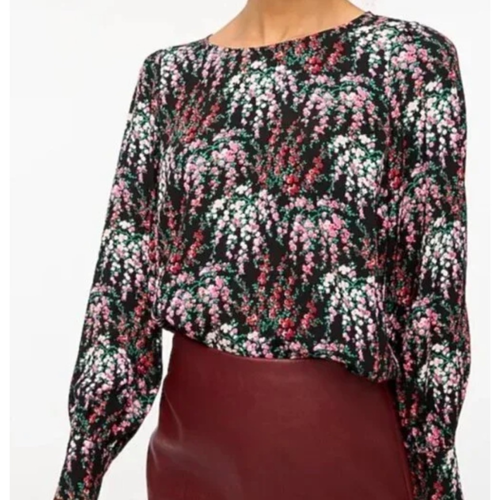 J. Crew Black and Pink Floral Blouse Size S